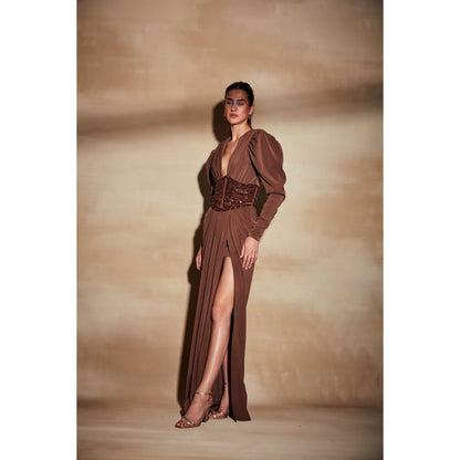 Nikita Mhaisalkar Dark Tan Dress with Slit