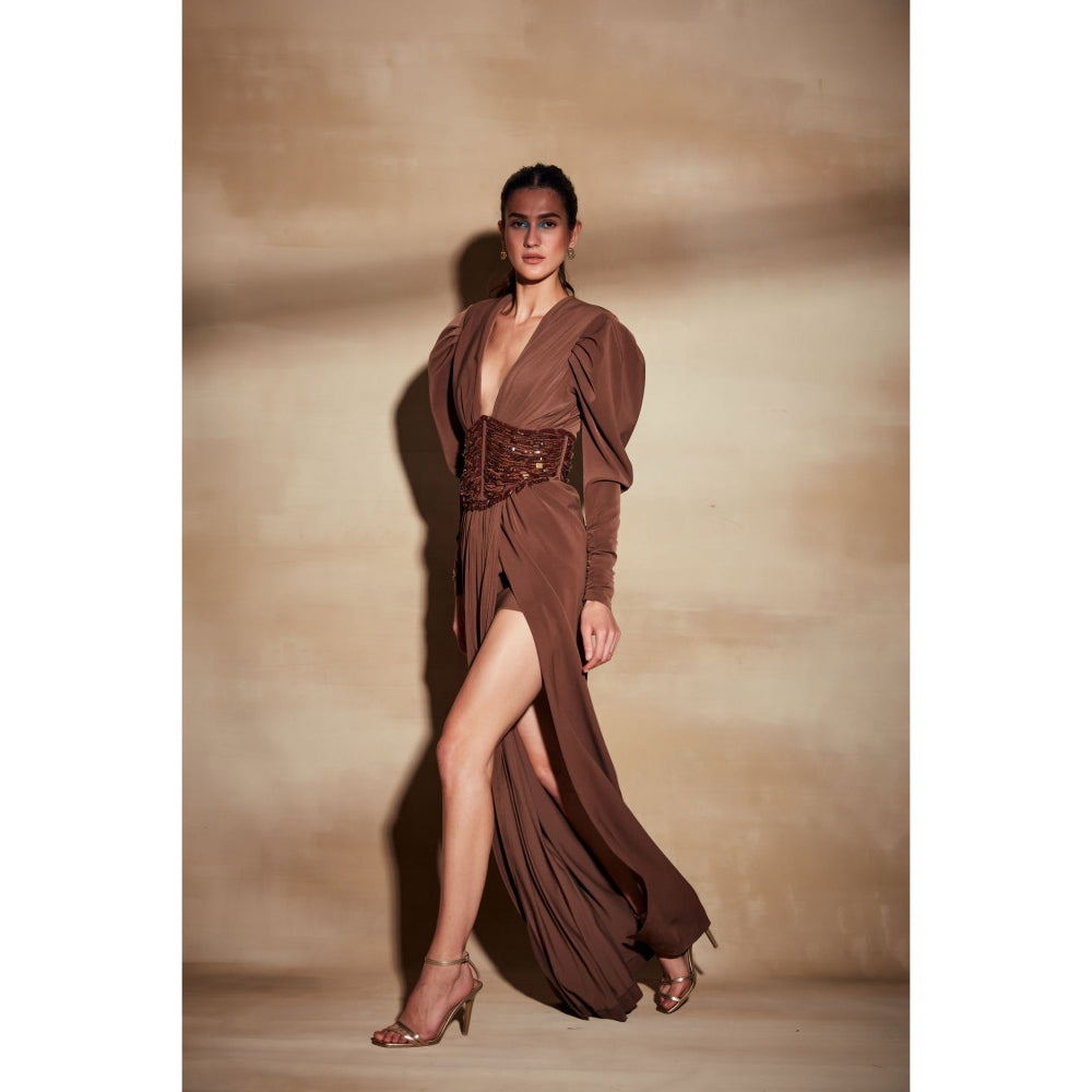 Nikita Mhaisalkar Dark Tan Dress with Slit