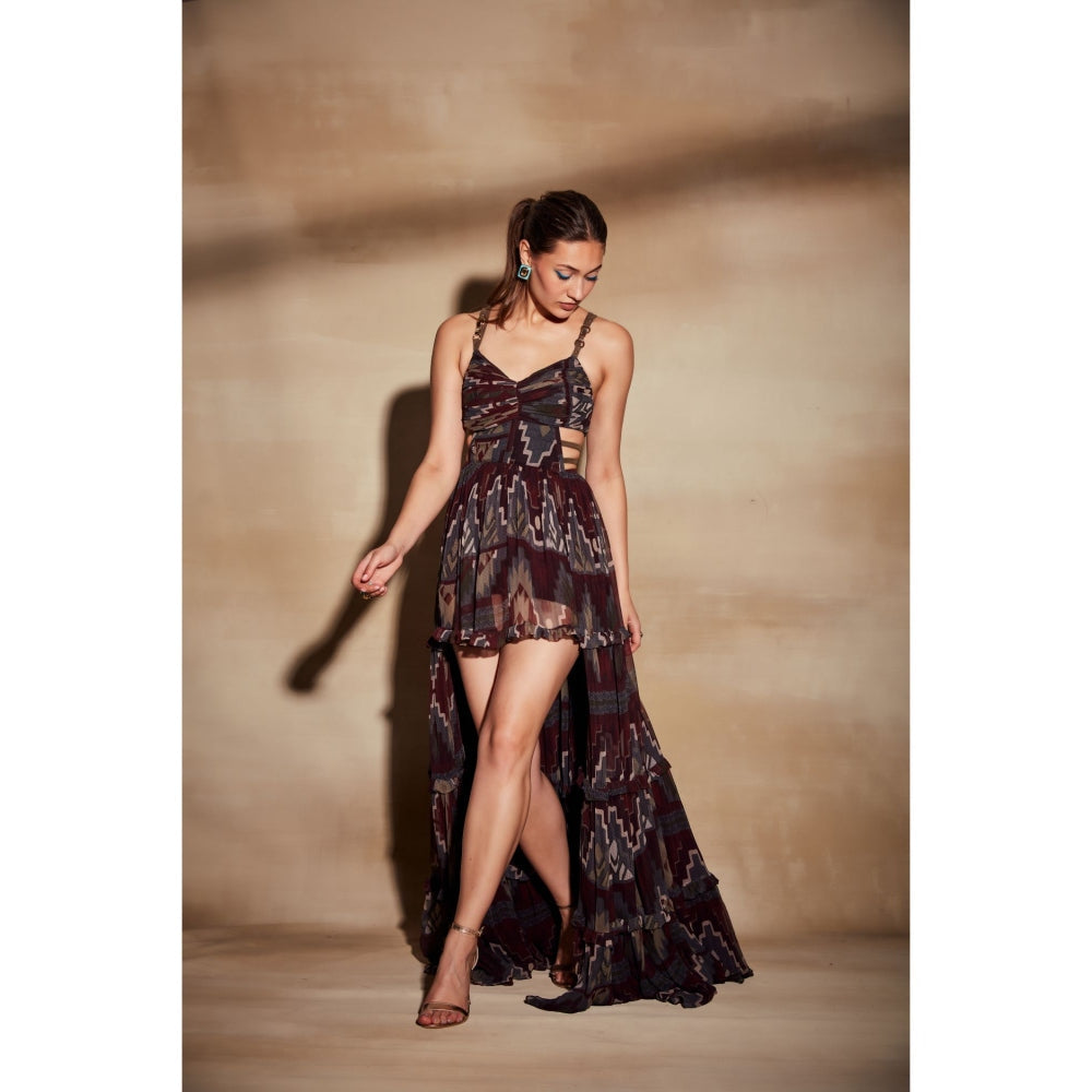 Nikita Mhaisalkar Merlot Tapis Print High Low Maxi Dress