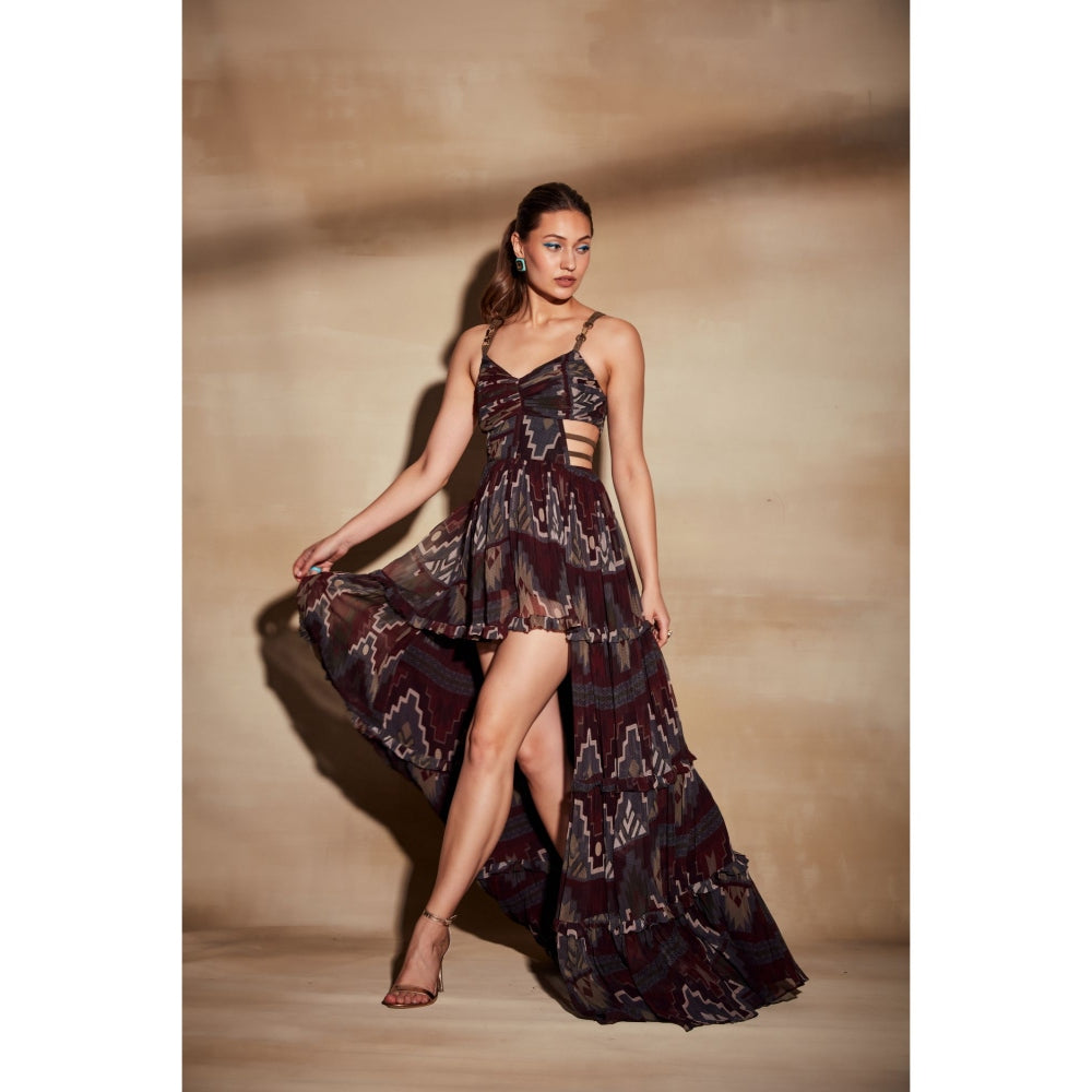 Nikita Mhaisalkar Merlot Tapis Print High Low Maxi Dress