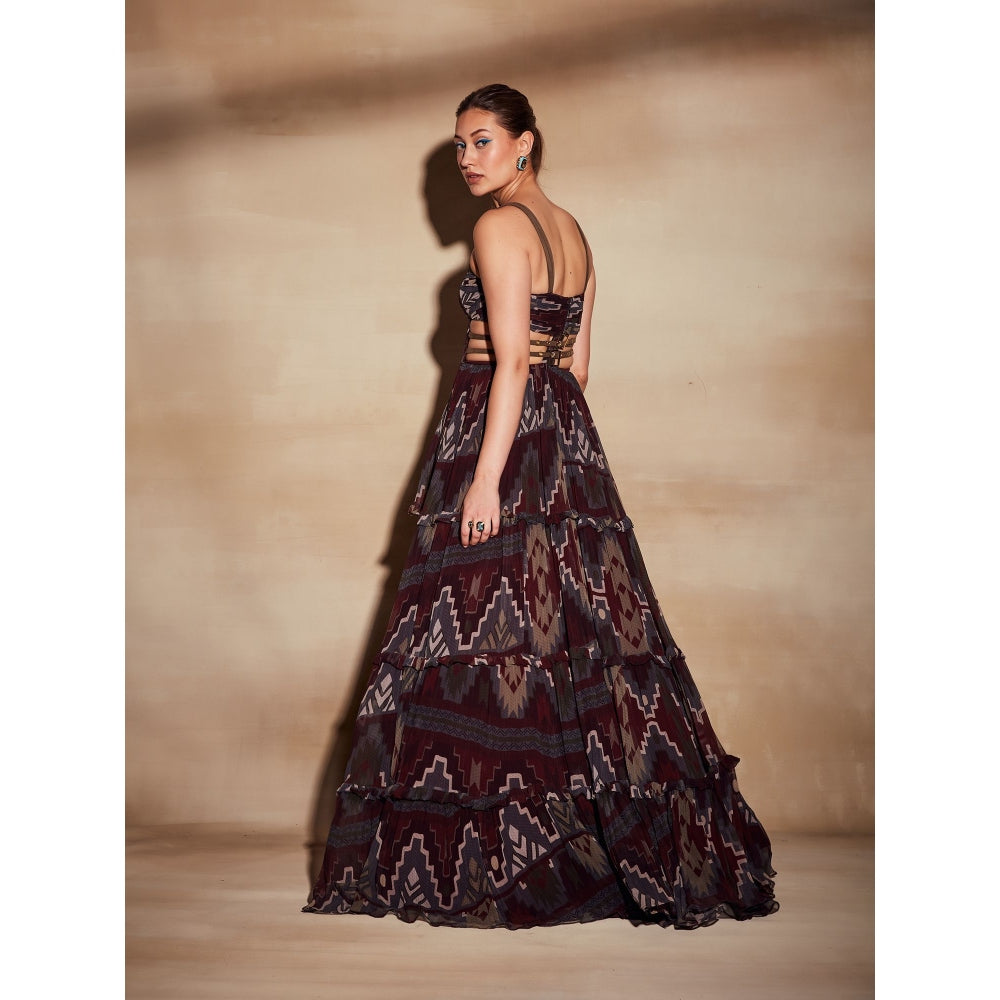 Nikita Mhaisalkar Merlot Tapis Print High Low Maxi Dress