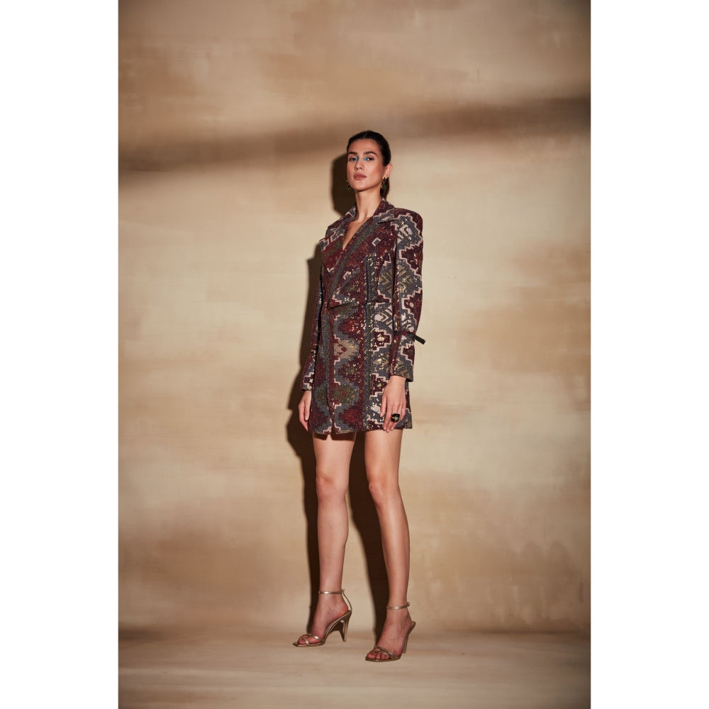 Nikita Mhaisalkar Merlot Tapis Print Short Dress