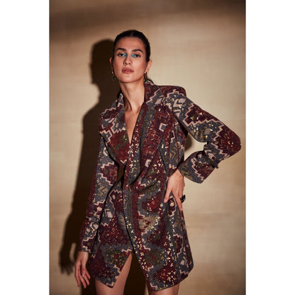 Nikita Mhaisalkar Merlot Tapis Print Short Dress