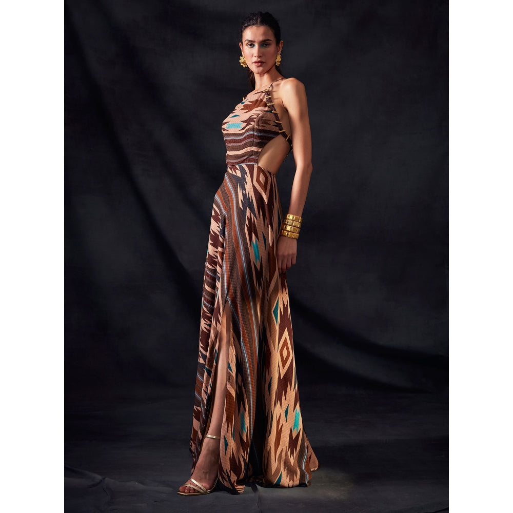 Nikita Mhaisalkar Stripe Aztec Print Cut Out Maxi Dress