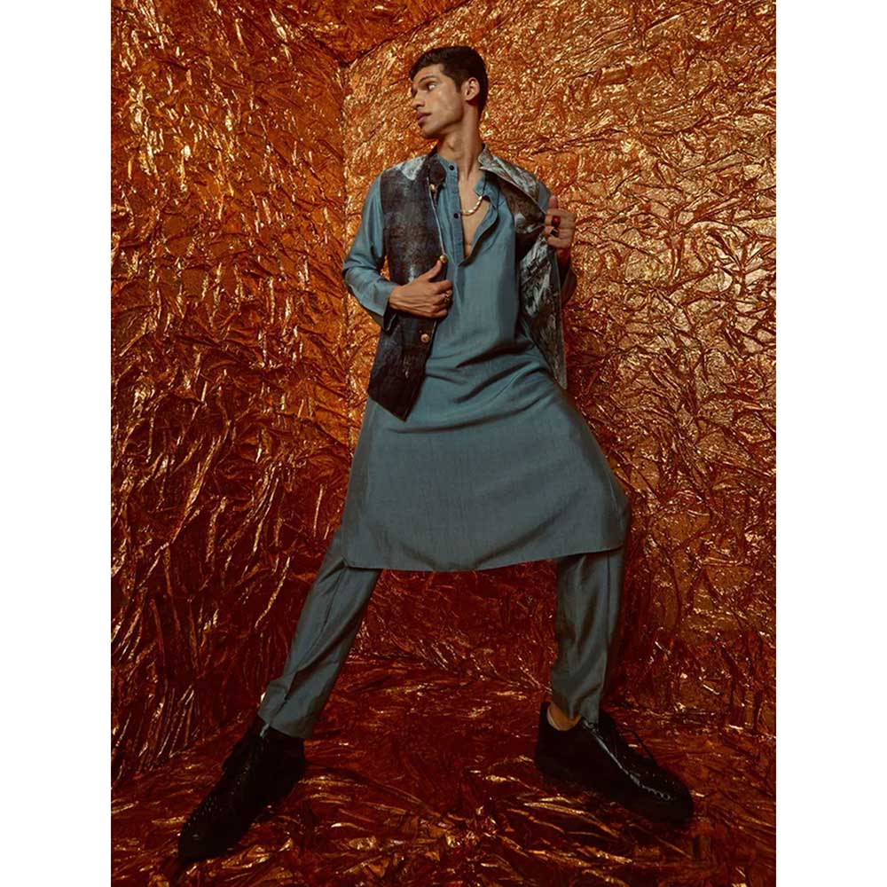 Nirmooha Grey Nokia Silk Kurta with Pants and Printed Velvet Bandi