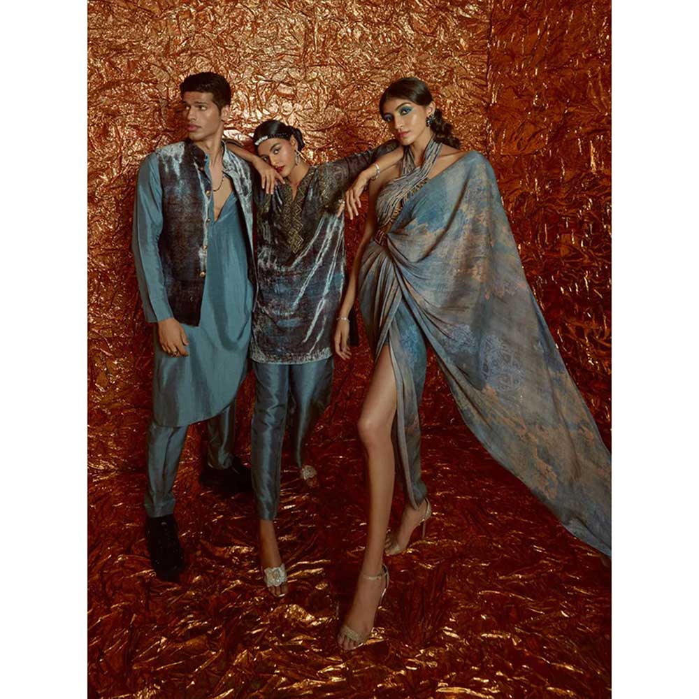 Nirmooha Grey Nokia Silk Kurta with Pants and Printed Velvet Bandi