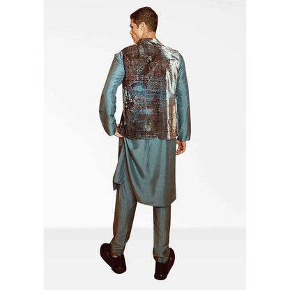 Nirmooha Grey Nokia Silk Kurta with Pants and Printed Velvet Bandi