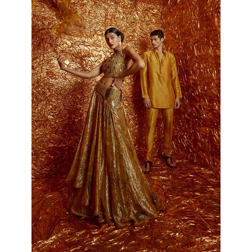 Nirmooha Mustard Nokia Silk Short Kurta with Pants