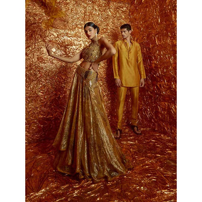 Nirmooha Mustard Nokia Silk Short Kurta with Pants