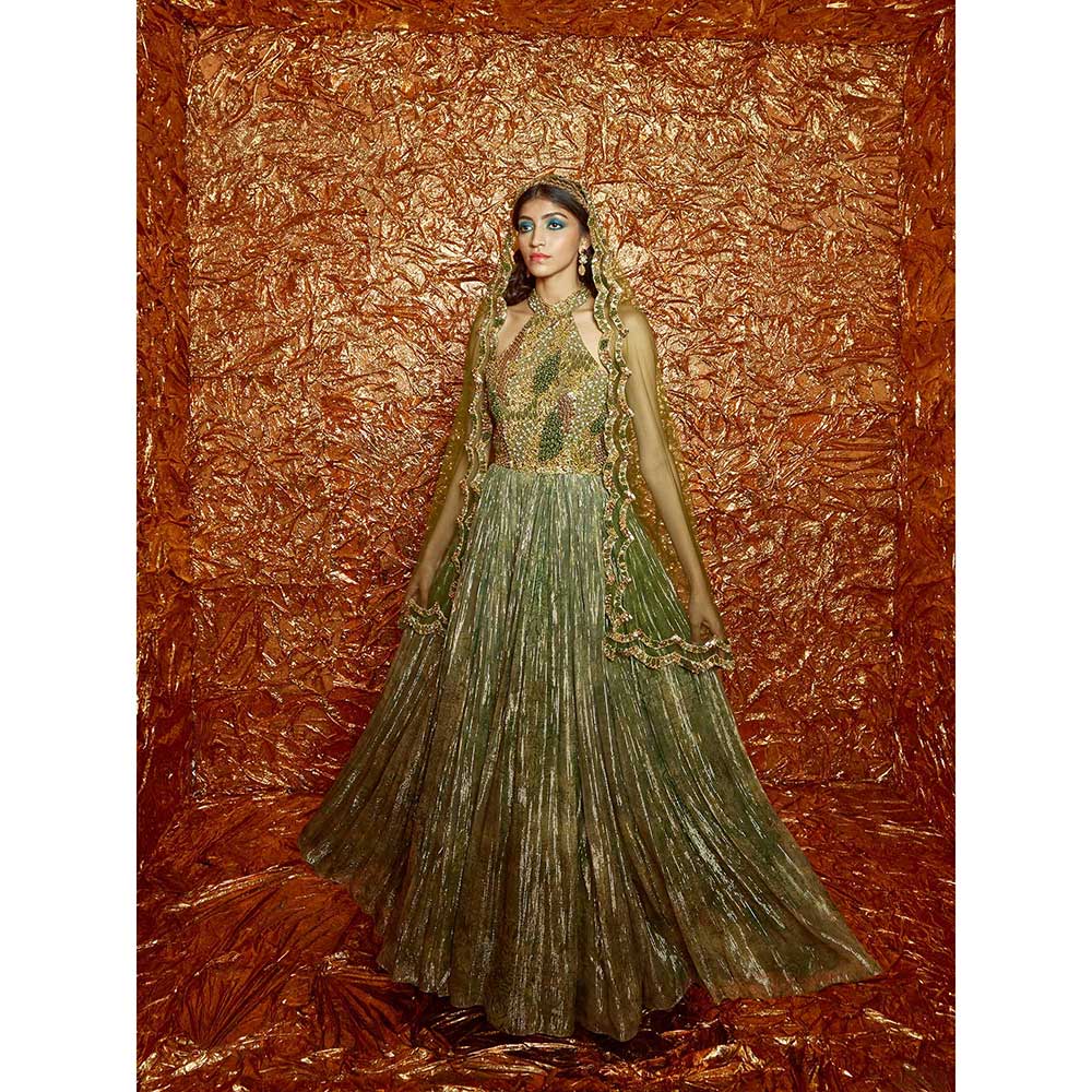 Nirmooha Green Printed, Embroidered Anarkali with Dupatta (Set of 2)