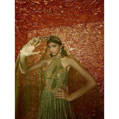 Nirmooha Green Printed, Embroidered Anarkali with Dupatta (Set of 2)