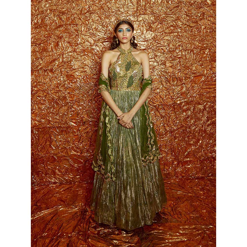 Nirmooha Green Printed, Embroidered Anarkali with Dupatta (Set of 2)