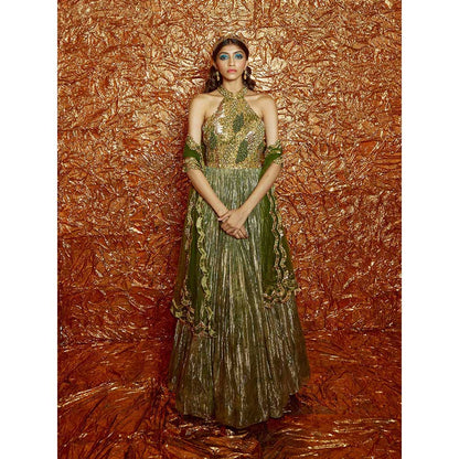 Nirmooha Green Printed, Embroidered Anarkali with Dupatta (Set of 2)