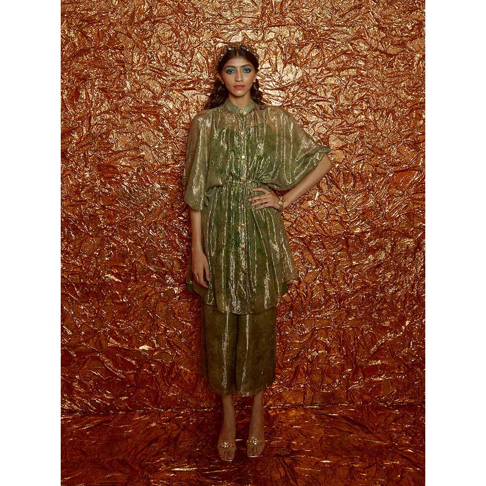 Nirmooha Green Lurex Printed Kaftan with Pants and Slip (Set of 3)