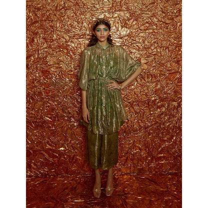 Nirmooha Green Lurex Printed Kaftan with Pants and Slip (Set of 3)