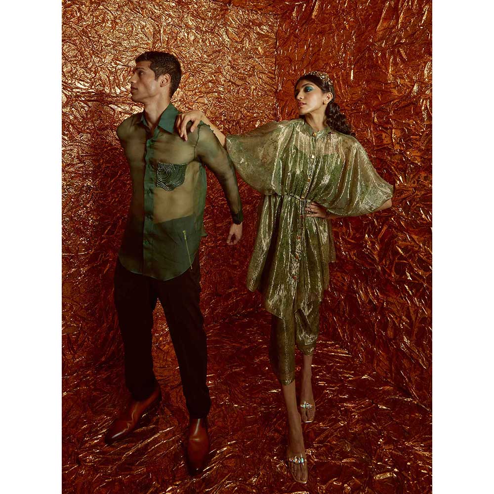 Nirmooha Green Lurex Printed Kaftan with Pants and Slip (Set of 3)