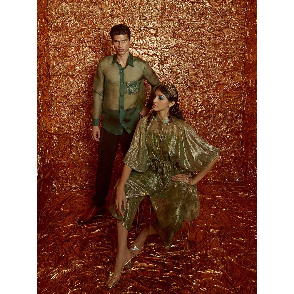 Nirmooha Green Lurex Printed Kaftan with Pants and Slip (Set of 3)