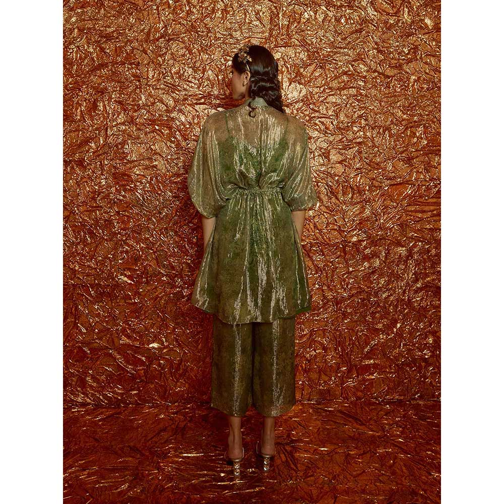 Nirmooha Green Lurex Printed Kaftan with Pants and Slip (Set of 3)