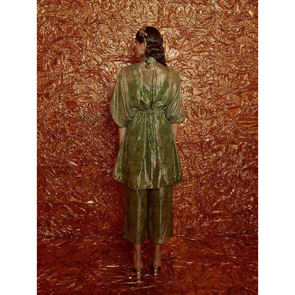 Nirmooha Green Lurex Printed Kaftan with Pants and Slip (Set of 3)