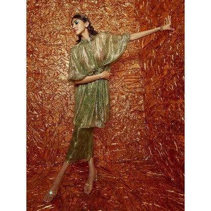 Nirmooha Green Lurex Printed Kaftan with Pants and Slip (Set of 3)