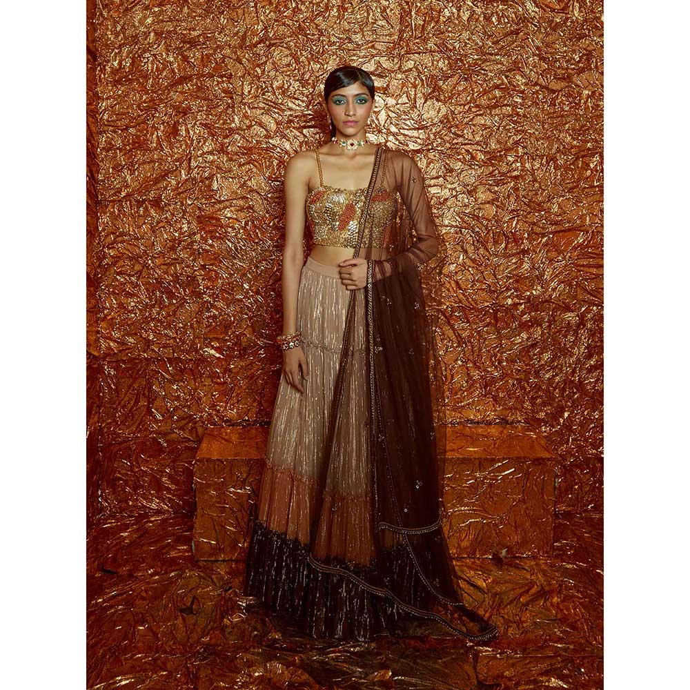 Nirmooha Tri Colour Tiered Lehenga with Embroidered Bustier and Dupatta (Set of 3)