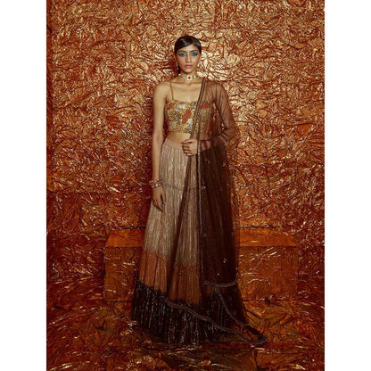 Nirmooha Tri Colour Tiered Lehenga with Embroidered Bustier and Dupatta (Set of 3)