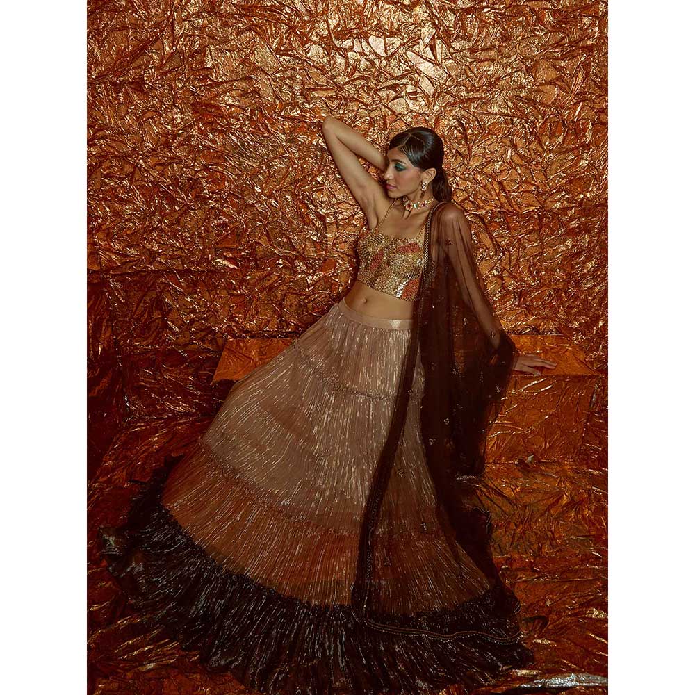 Nirmooha Tri Colour Tiered Lehenga with Embroidered Bustier and Dupatta (Set of 3)