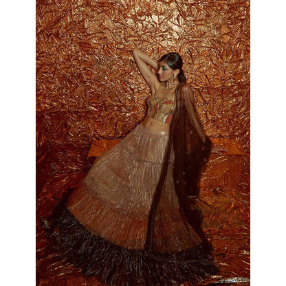 Nirmooha Tri Colour Tiered Lehenga with Embroidered Bustier and Dupatta (Set of 3)