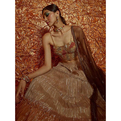 Nirmooha Tri Colour Tiered Lehenga with Embroidered Bustier and Dupatta (Set of 3)