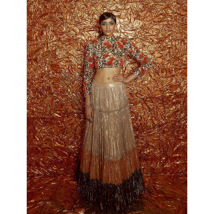 Nirmooha Sunflower Hand-Embroidered Crop Top with Tri Coloured Tiered Lurex Lehenga (Set of 2)
