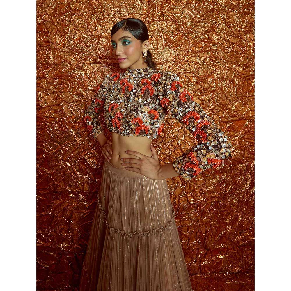 Nirmooha Sunflower Hand-Embroidered Crop Top with Tri Coloured Tiered Lurex Lehenga (Set of 2)
