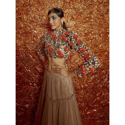 Nirmooha Sunflower Hand-Embroidered Crop Top with Tri Coloured Tiered Lurex Lehenga (Set of 2)