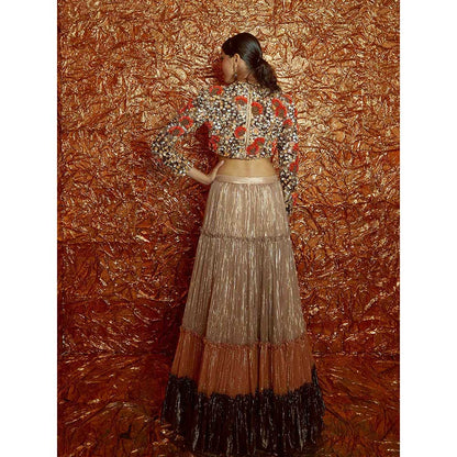 Nirmooha Sunflower Hand-Embroidered Crop Top with Tri Coloured Tiered Lurex Lehenga (Set of 2)