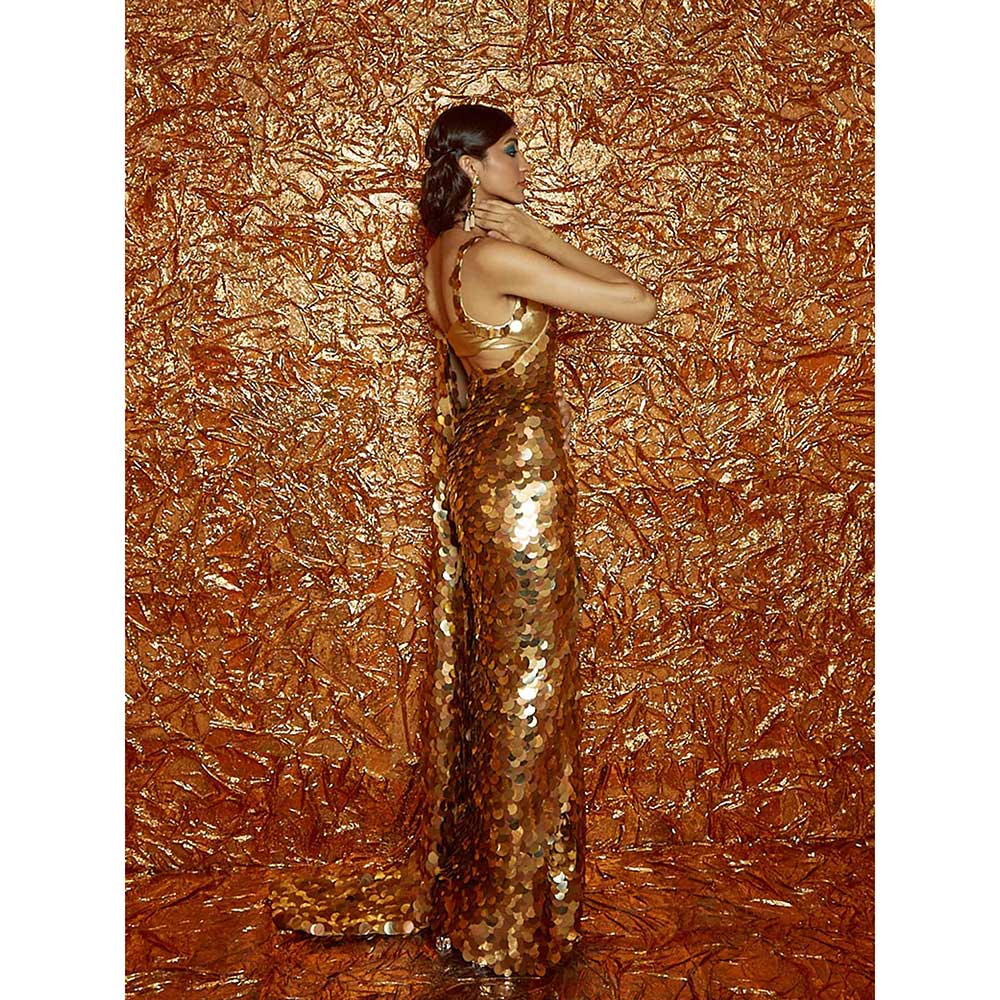 Nirmooha Gold Sequin Saree with Stitched Blouse