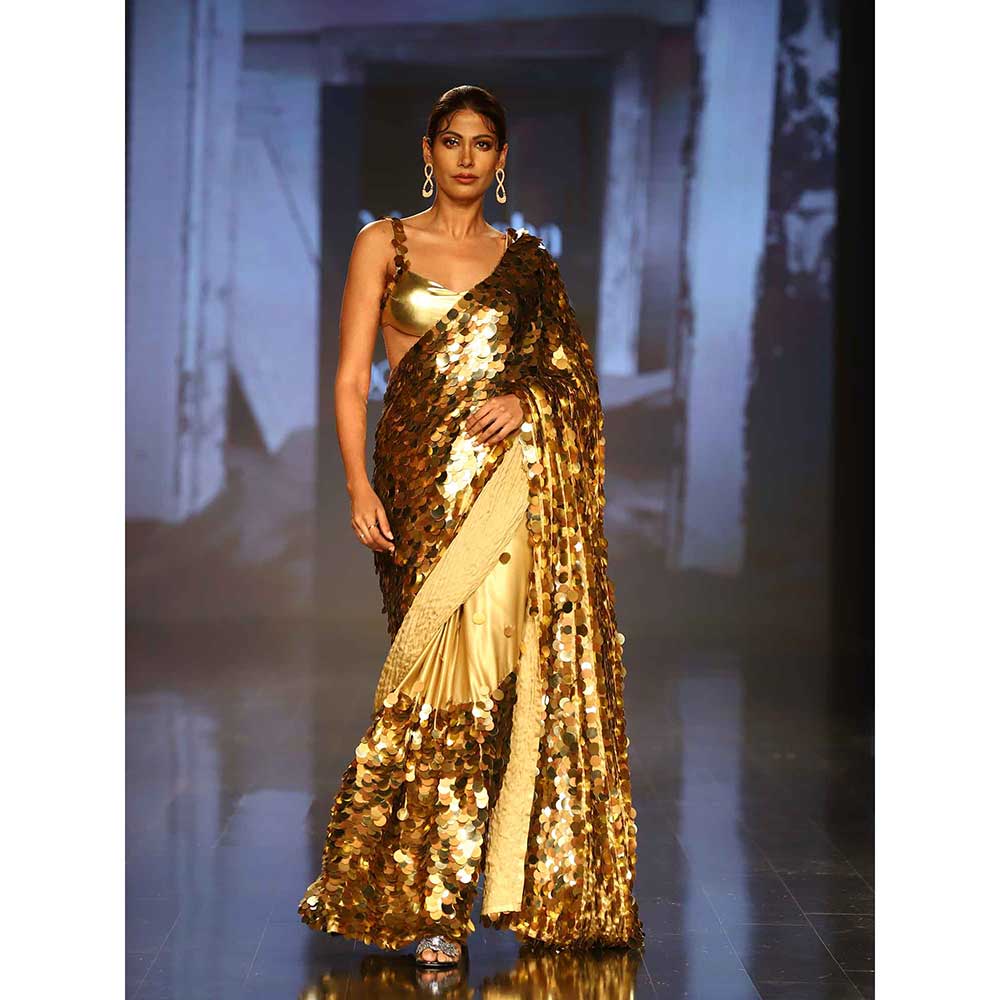 Nirmooha Gold Sequin Saree with Stitched Blouse