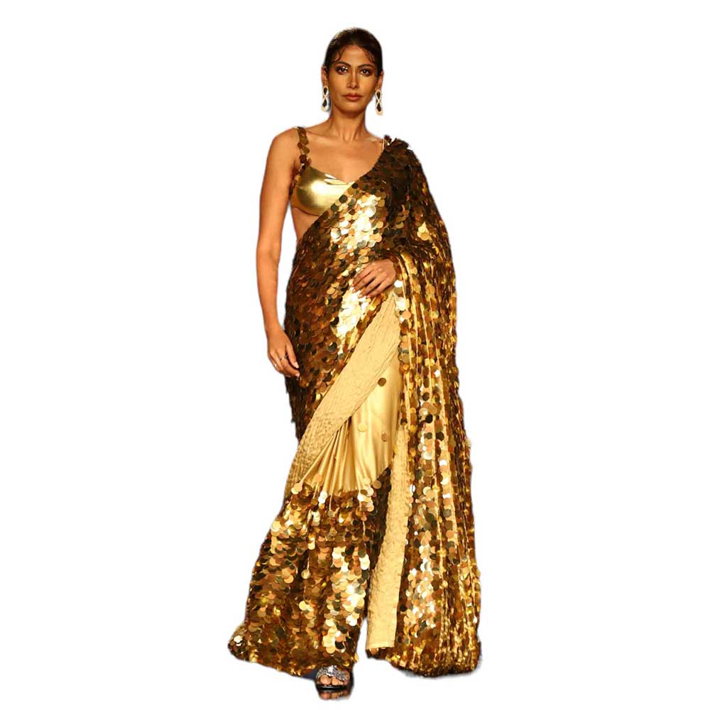 Nirmooha Gold Sequin Saree with Stitched Blouse