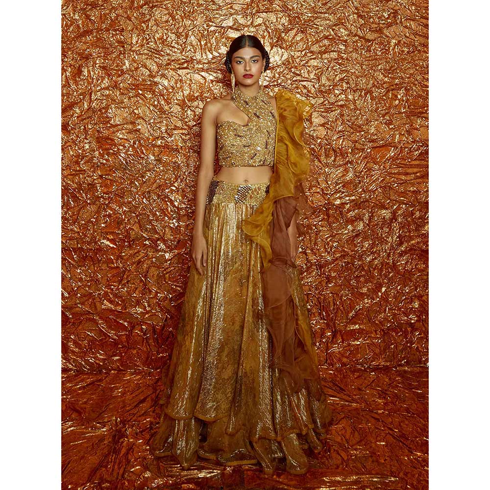 Nirmooha Mustard Lurex Lehenga with Embroidered Blouse and Dupatta (Set of 3)