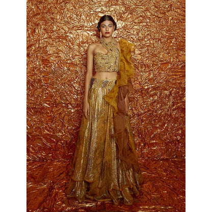 Nirmooha Mustard Lurex Lehenga with Embroidered Blouse and Dupatta (Set of 3)