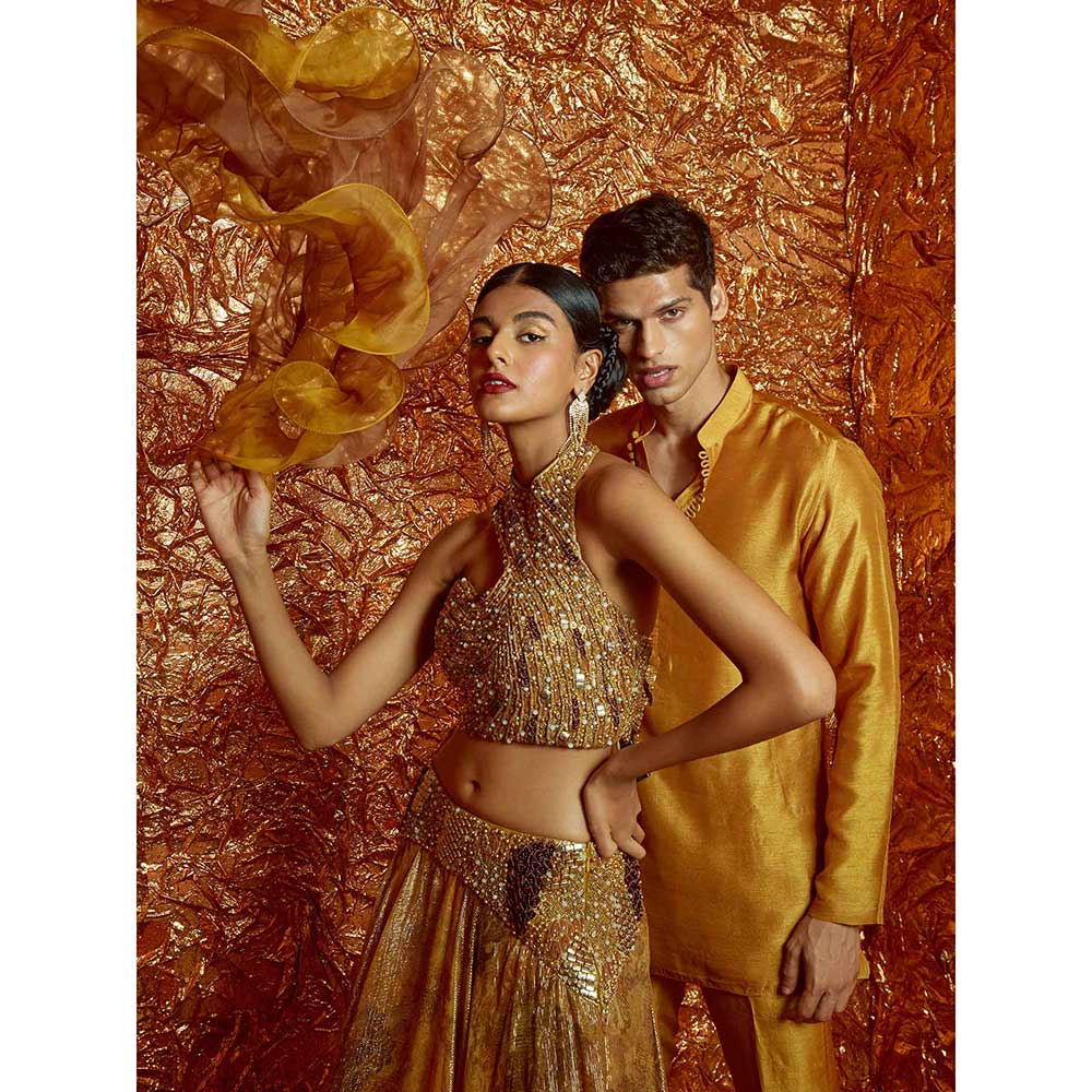 Nirmooha Mustard Lurex Lehenga with Embroidered Blouse and Dupatta (Set of 3)