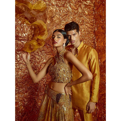 Nirmooha Mustard Lurex Lehenga with Embroidered Blouse and Dupatta (Set of 3)