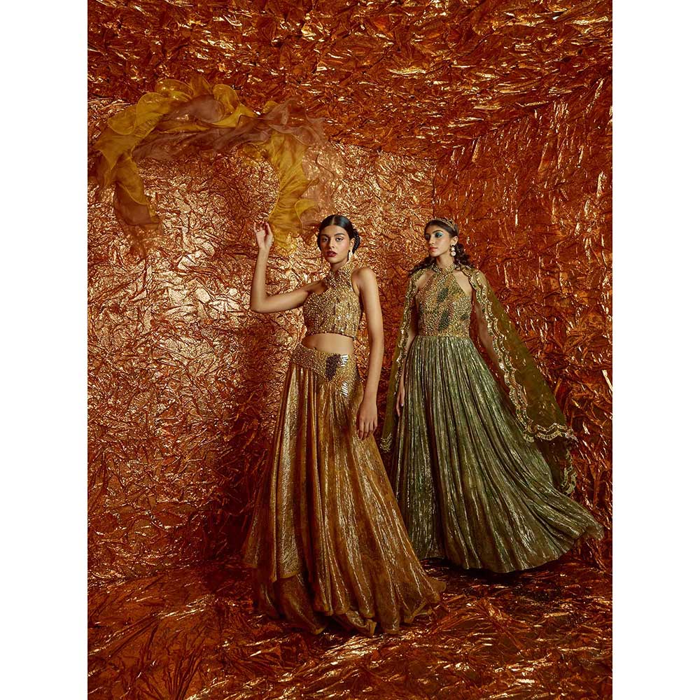 Nirmooha Mustard Lurex Lehenga with Embroidered Blouse and Dupatta (Set of 3)