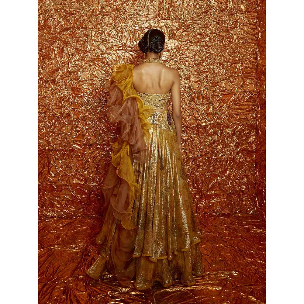 Nirmooha Mustard Lurex Lehenga with Embroidered Blouse and Dupatta (Set of 3)