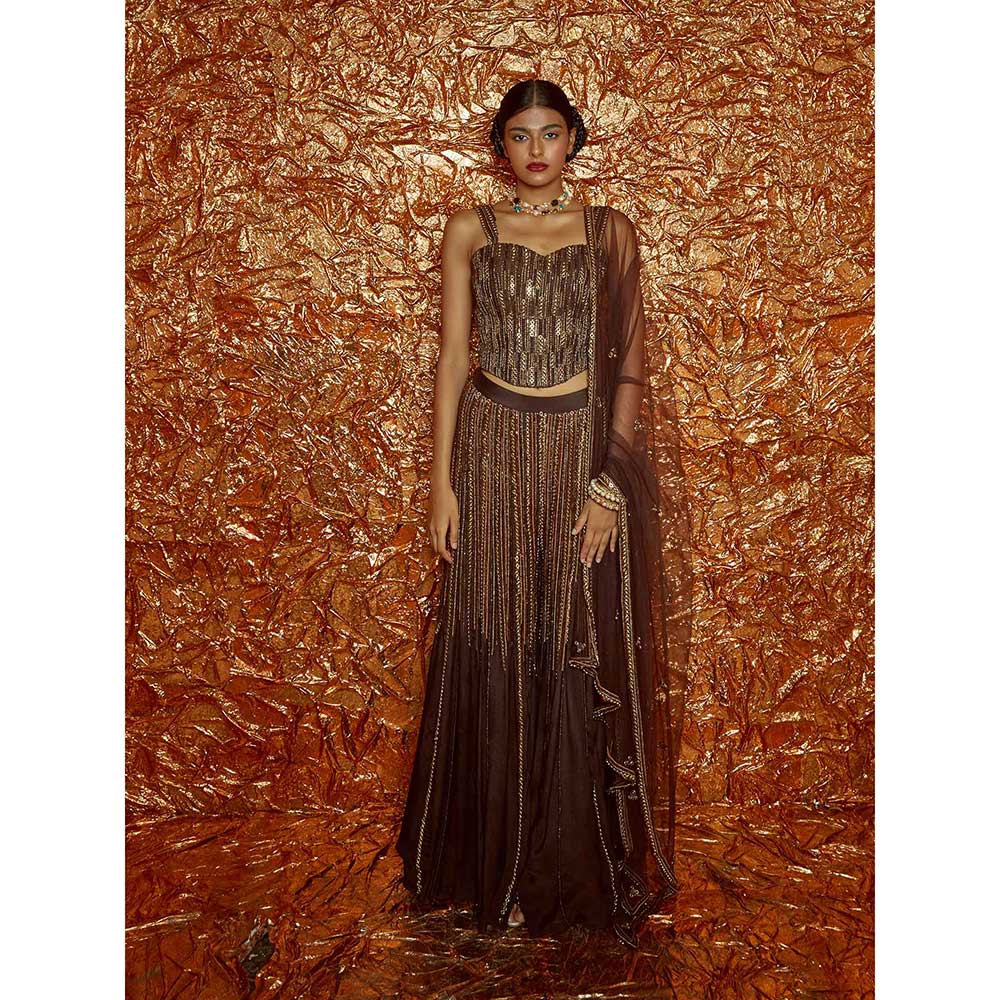 Nirmooha Brown Chiffon Sharara Set (Set of 3)