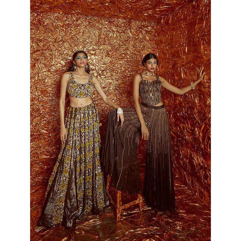 Nirmooha Brown Chiffon Sharara Set (Set of 3)
