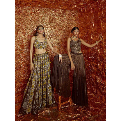Nirmooha Brown Chiffon Sharara Set (Set of 3)