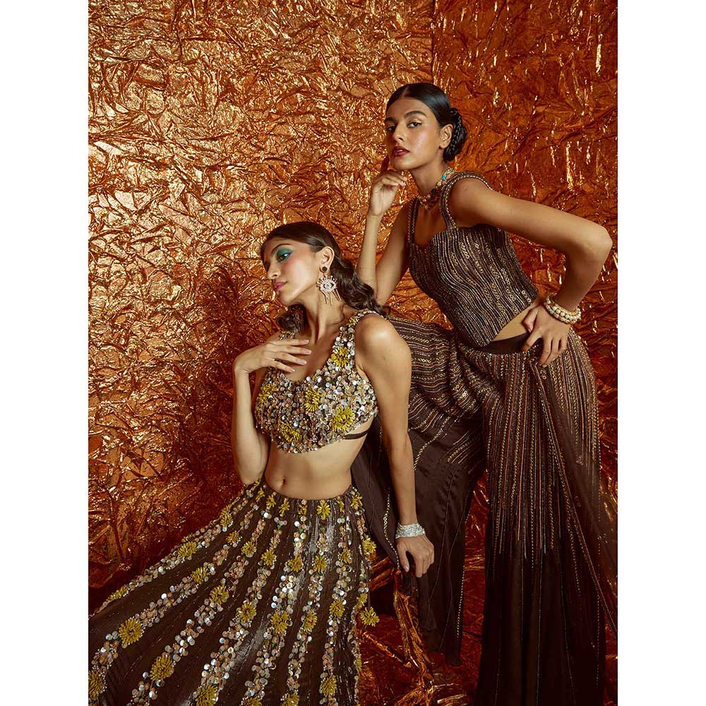 Nirmooha Brown Chiffon Sharara Set (Set of 3)