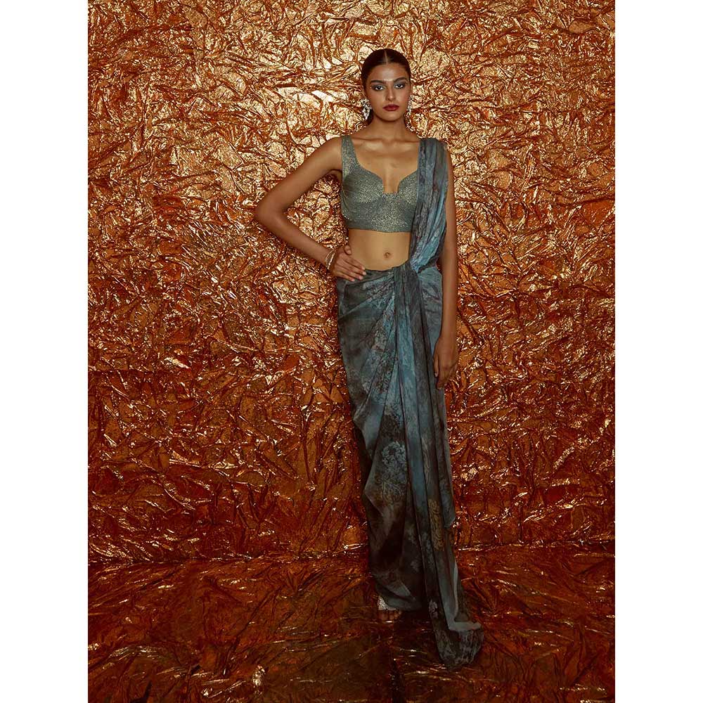 Nirmooha Pre Draped Chiffon Printed Saree with Cording Blouse