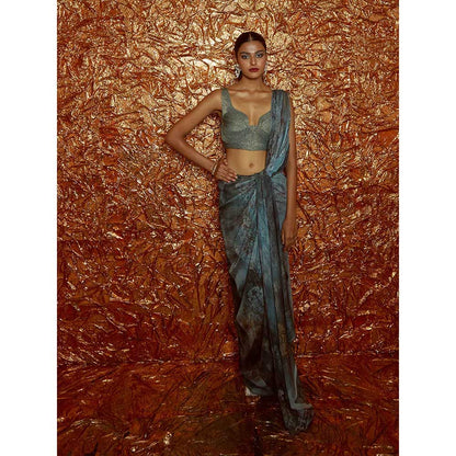 Nirmooha Pre Draped Chiffon Printed Saree with Cording Blouse