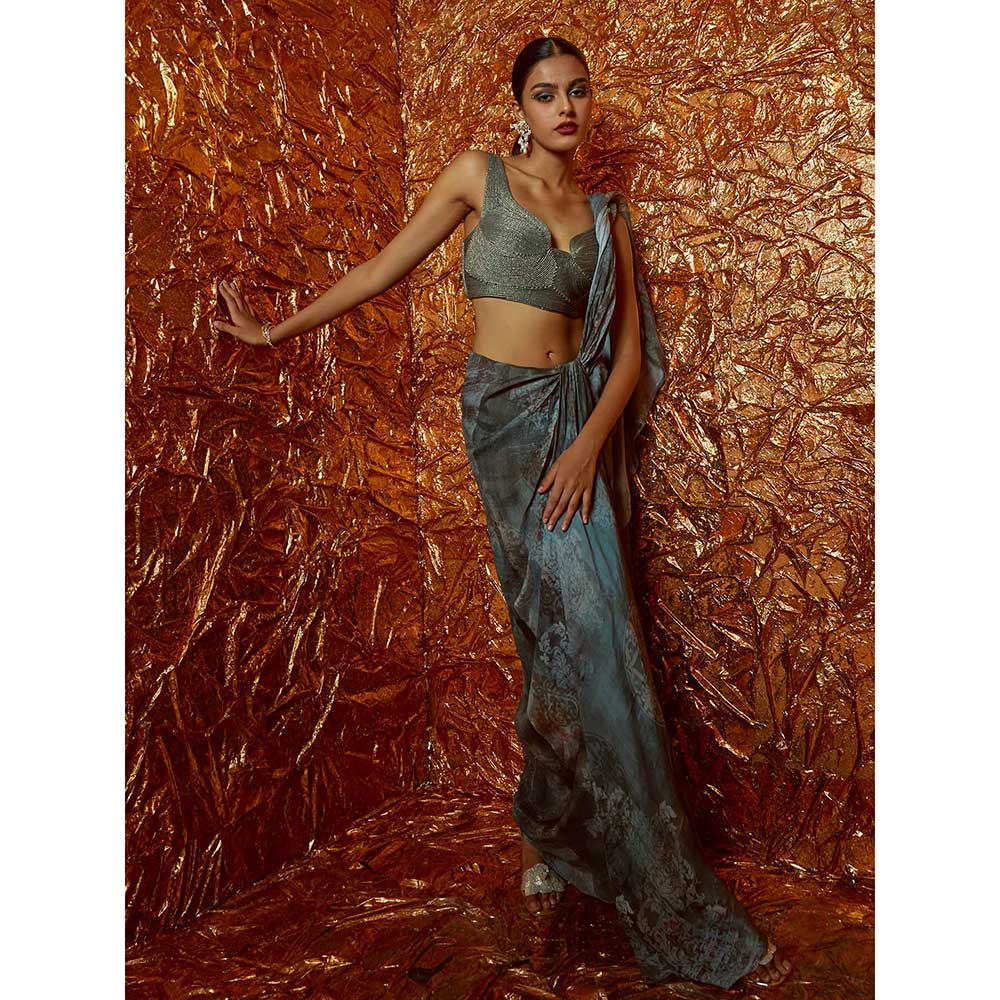 Nirmooha Pre Draped Chiffon Printed Saree with Cording Blouse