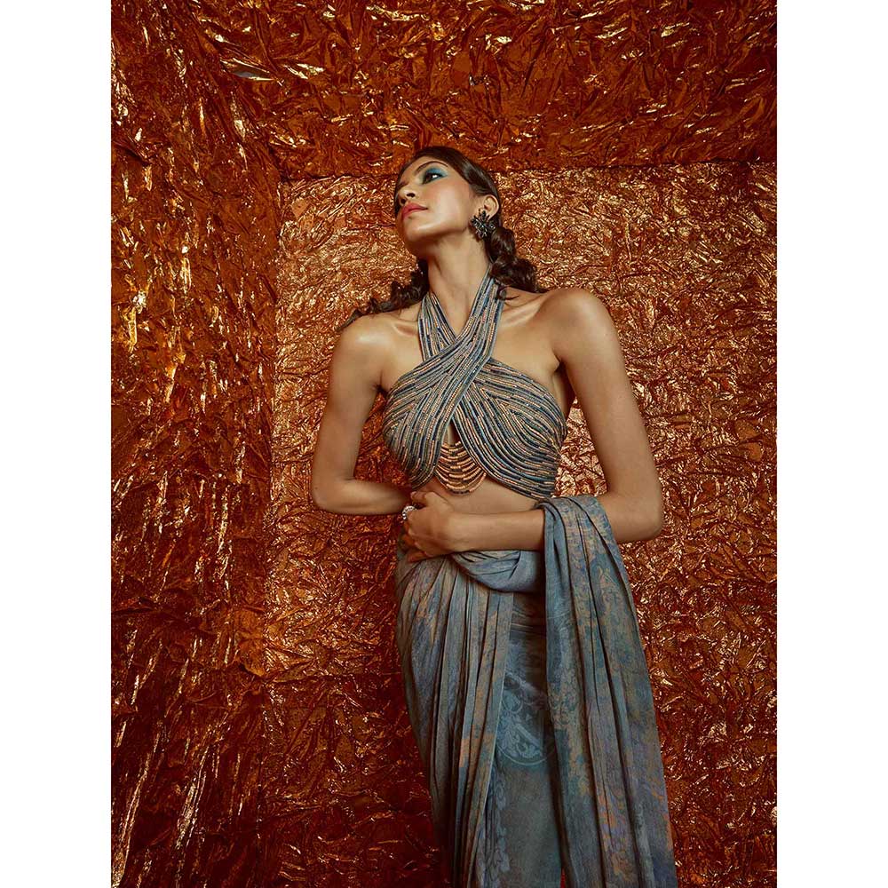 Nirmooha Pre Draped Chiffon Printed Saree with Halter Neck Blouse